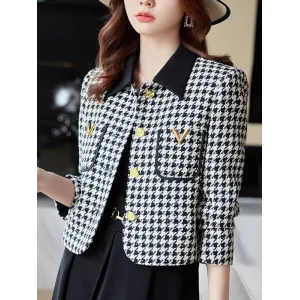 Buttoned Houndstooth Pockets Split-Joint Long Sleeves Plus Size Lapel Outerwear