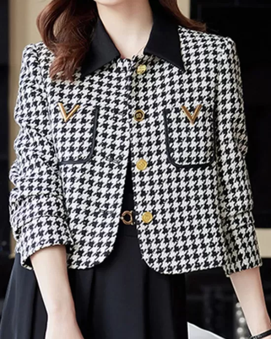 Buttoned Houndstooth Pockets Split-Joint Long Sleeves Plus Size Lapel Outerwear