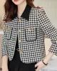 Buttoned Houndstooth Pockets Split-Joint Long Sleeves Plus Size Lapel Outerwear