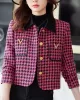 Buttoned Houndstooth Pockets Split-Joint Long Sleeves Plus Size Lapel Outerwear