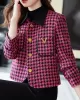 Buttoned Houndstooth Pockets Split-Joint Long Sleeves Plus Size Lapel Outerwear