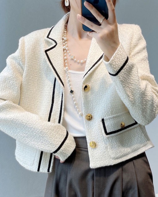 Buttoned Pockets Long Sleeves Loose Notched Collar Woolen Coat Outerwear