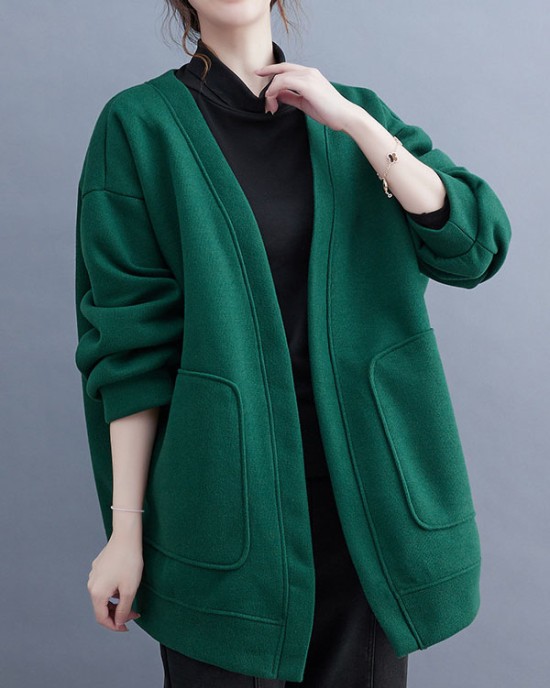 Pockets Solid Color Long Sleeves Loose Collarless Outerwear