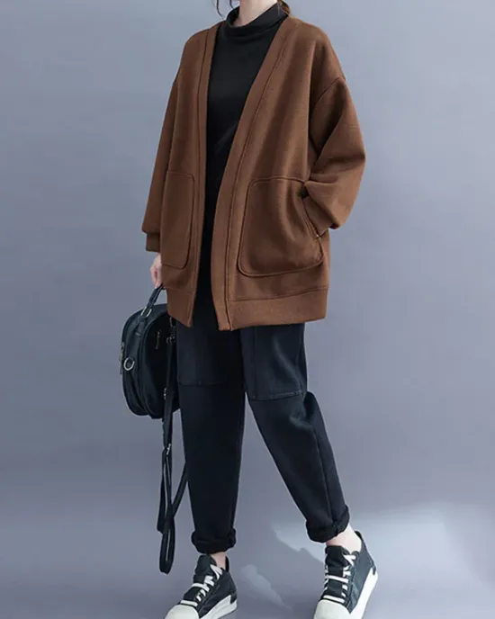 Pockets Solid Color Long Sleeves Loose Collarless Outerwear