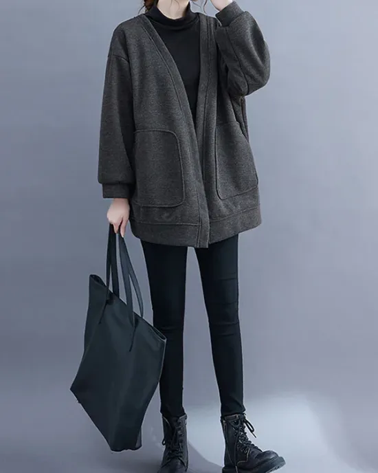 Pockets Solid Color Long Sleeves Loose Collarless Outerwear