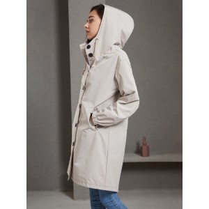 Buttoned Drawstring Elasticity Hooded Pockets Split-Back Waterproof Long Sleeves Loose High-Neck Trench Coats