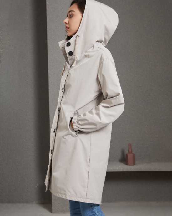 Buttoned Drawstring Elasticity Hooded Pockets Split-Back Waterproof Long Sleeves Loose High-Neck Trench Coats