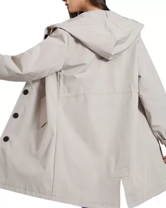 Buttoned Drawstring Elasticity Hooded Pockets Split-Back Waterproof Long Sleeves Loose High-Neck Trench Coats