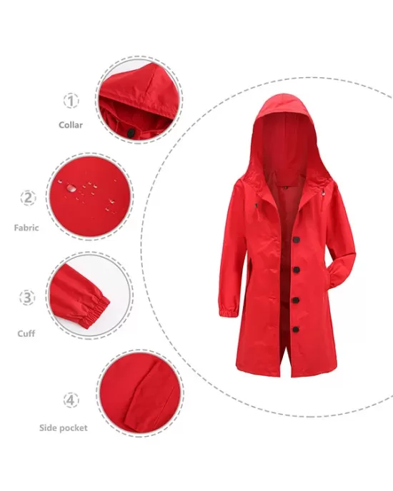 Buttoned Drawstring Elasticity Hooded Pockets Split-Back Waterproof Long Sleeves Loose High-Neck Trench Coats