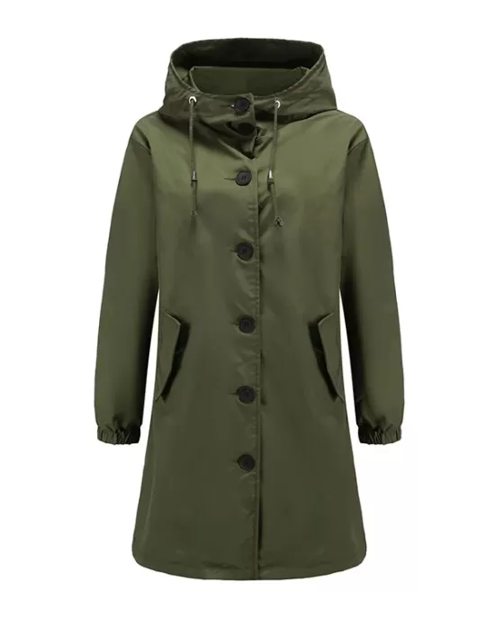 Buttoned Drawstring Elasticity Hooded Pockets Split-Back Waterproof Long Sleeves Loose High-Neck Trench Coats