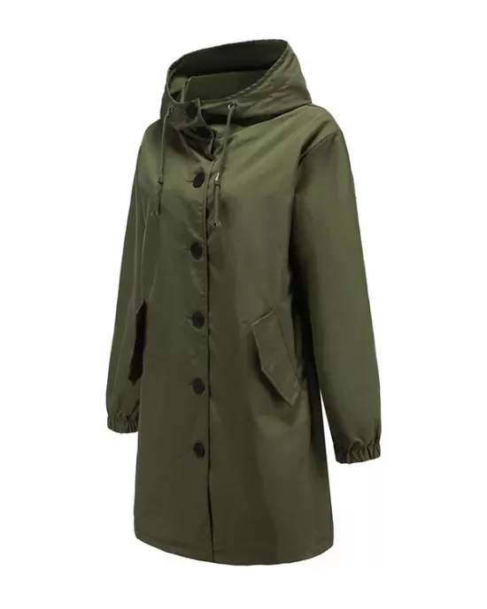 Buttoned Drawstring Elasticity Hooded Pockets Split-Back Waterproof Long Sleeves Loose High-Neck Trench Coats