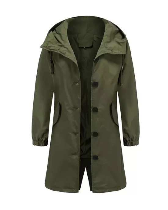 Buttoned Drawstring Elasticity Hooded Pockets Split-Back Waterproof Long Sleeves Loose High-Neck Trench Coats