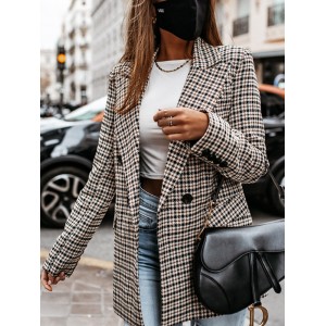 Buttoned Houndstooth Long Sleeves Loose Notched Collar Outerwear Blazer