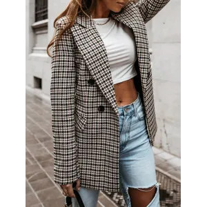 Buttoned Houndstooth Long Sleeves Loose Notched Collar Outerwear Blazer