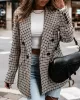 Buttoned Houndstooth Long Sleeves Loose Notched Collar Outerwear Blazer