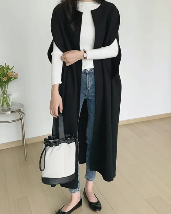 Solid Color Loose Sleeveless Round-Neck Outerwear Cape