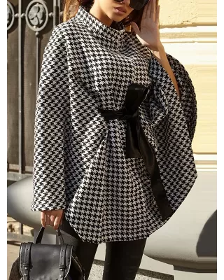 Houndstooth Tied Waist Batwing Sleeves Long Sleeves Stand Collar Outerwear Cape