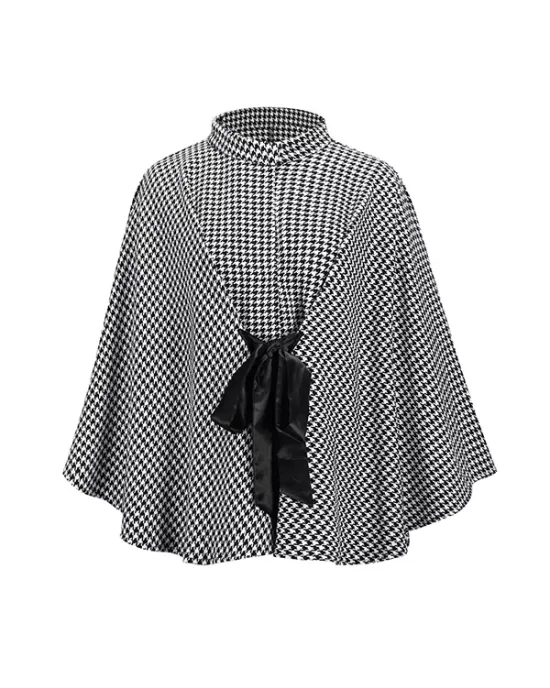 Houndstooth Tied Waist Batwing Sleeves Long Sleeves Stand Collar Outerwear Cape