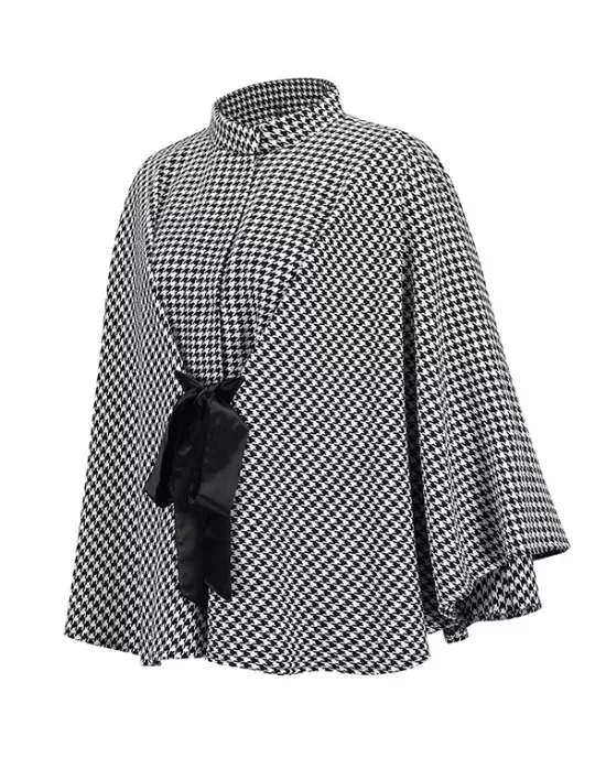 Houndstooth Tied Waist Batwing Sleeves Long Sleeves Stand Collar Outerwear Cape