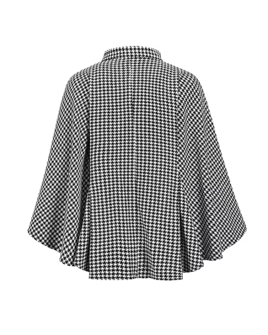 Houndstooth Tied Waist Batwing Sleeves Long Sleeves Stand Collar Outerwear Cape