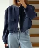 Buttoned Pockets Solid Color Long Sleeves Loose Round-Neck Outerwear Jackets