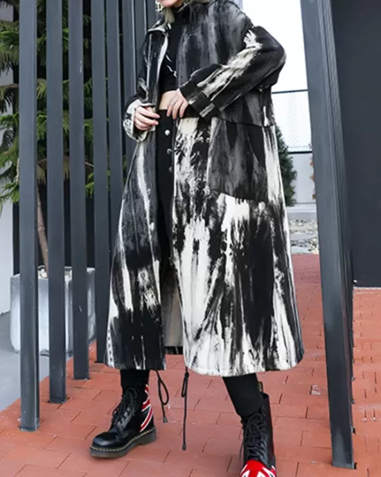 Long Sleeves Loose Drawstring Split-Joint Zipper Round-Neck Trench Coats