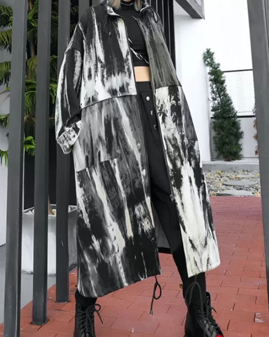 Long Sleeves Loose Drawstring Split-Joint Zipper Round-Neck Trench Coats