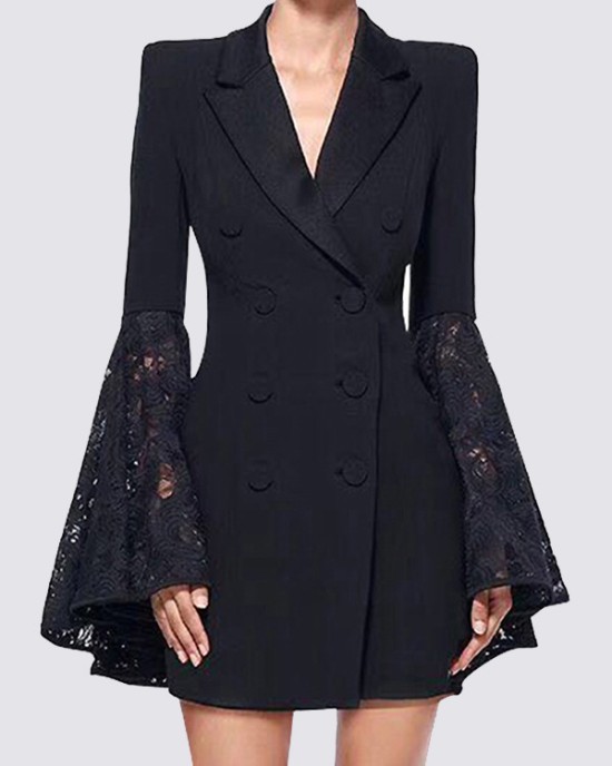 Asymmetric Buttoned Solid Color Split-Joint Flared Sleeves Long Sleeves Notched Collar Outerwear Blazer