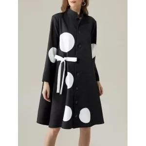 Long Sleeves Loose Asymmetric Buttoned Polka-Dot Tied Mock Neck Jackets&Coats Midi Dresses Outerwear