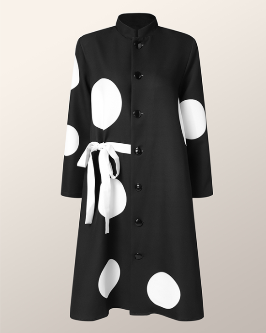 Long Sleeves Loose Asymmetric Buttoned Polka-Dot Tied Mock Neck Jackets&Coats Midi Dresses Outerwear