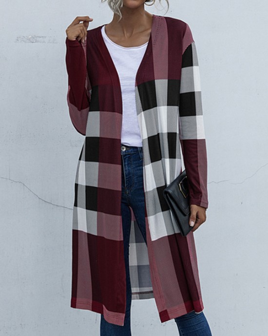 Plaid Long Sleeves Loose Collarless Outerwear