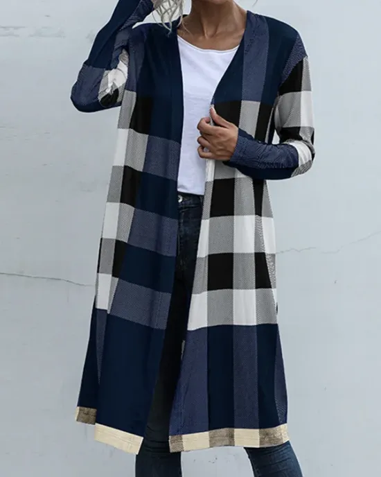 Plaid Long Sleeves Loose Collarless Outerwear