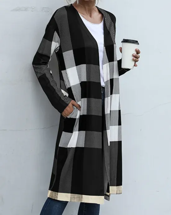 Plaid Long Sleeves Loose Collarless Outerwear