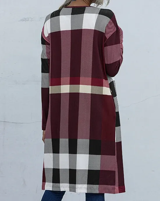 Plaid Long Sleeves Loose Collarless Outerwear