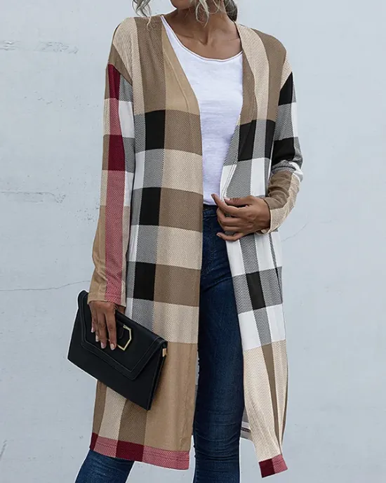 Plaid Long Sleeves Loose Collarless Outerwear