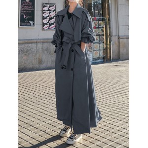 Buckle Buttoned Split-Back Tied Waist Long Sleeves Loose Lapel Trench Coats Outerwear