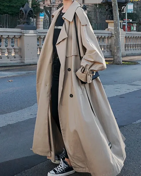 Buckle Buttoned Split-Back Tied Waist Long Sleeves Loose Lapel Trench Coats Outerwear