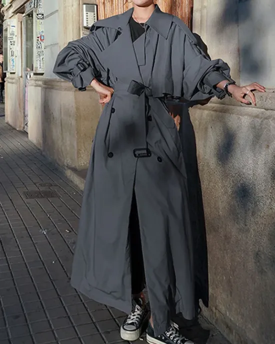 Buckle Buttoned Split-Back Tied Waist Long Sleeves Loose Lapel Trench Coats Outerwear