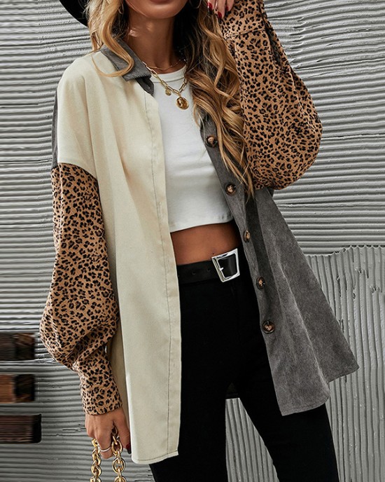 Buttoned Leopard Pockets Split-Joint Long Sleeves Loose Lapel Outerwear Jackets