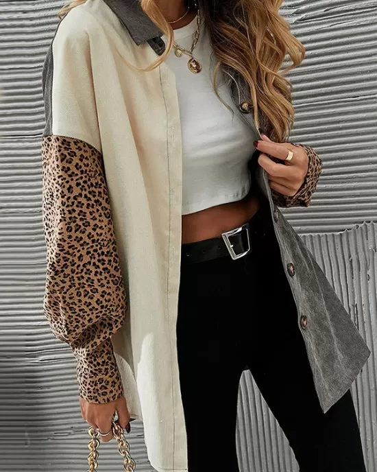 Buttoned Leopard Pockets Split-Joint Long Sleeves Loose Lapel Outerwear Jackets