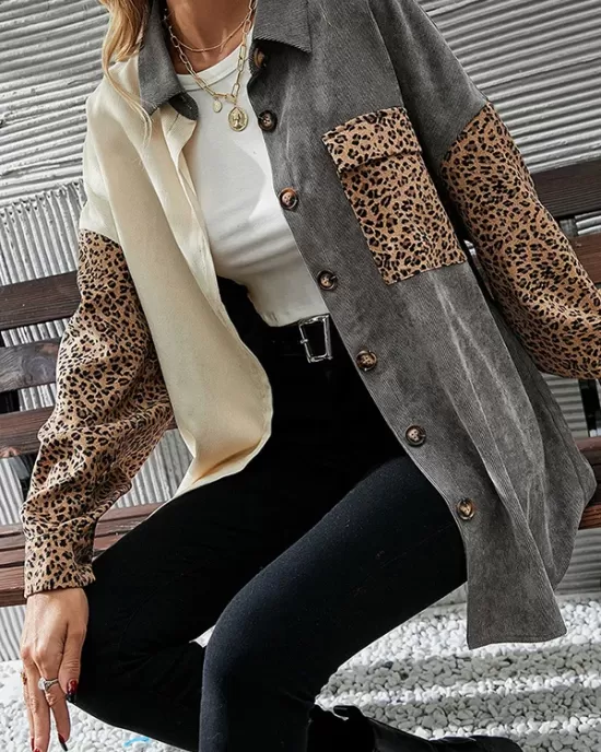 Buttoned Leopard Pockets Split-Joint Long Sleeves Loose Lapel Outerwear Jackets