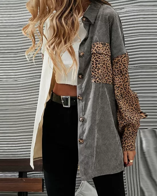 Buttoned Leopard Pockets Split-Joint Long Sleeves Loose Lapel Outerwear Jackets