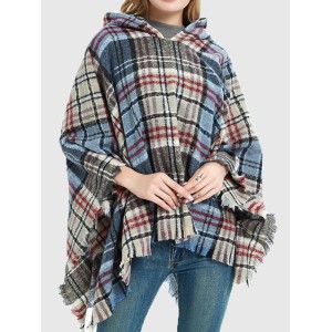 Fringed Hooded Keep Warm Plaid Shawl&Cloak Cape