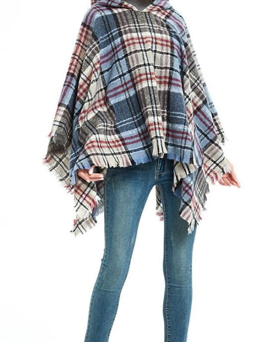 Fringed Hooded Keep Warm Plaid Shawl&Cloak Cape