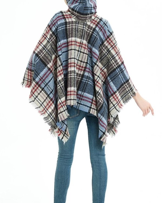 Fringed Hooded Keep Warm Plaid Shawl&Cloak Cape