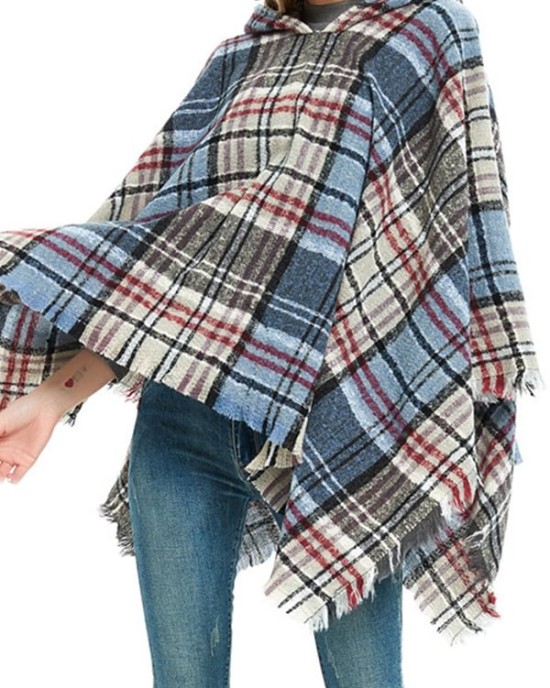 Fringed Hooded Keep Warm Plaid Shawl&Cloak Cape