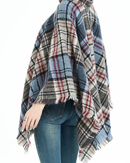 Fringed Hooded Keep Warm Plaid Shawl&Cloak Cape