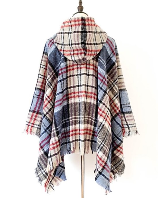 Fringed Hooded Keep Warm Plaid Shawl&Cloak Cape