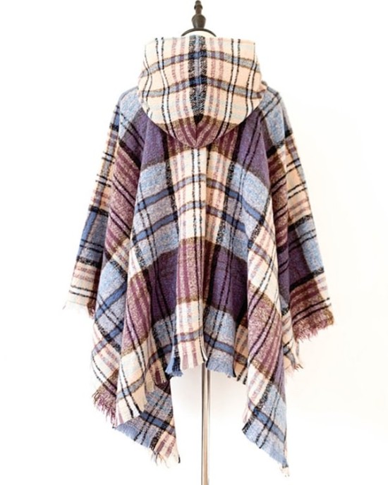 Fringed Hooded Keep Warm Plaid Shawl&Cloak Cape