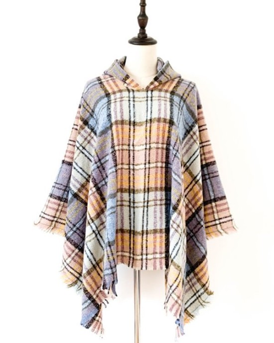 Fringed Hooded Keep Warm Plaid Shawl&Cloak Cape